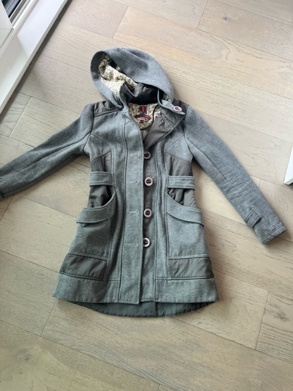 3 Stone Hooded Mid-Length Women's Coat in Gray